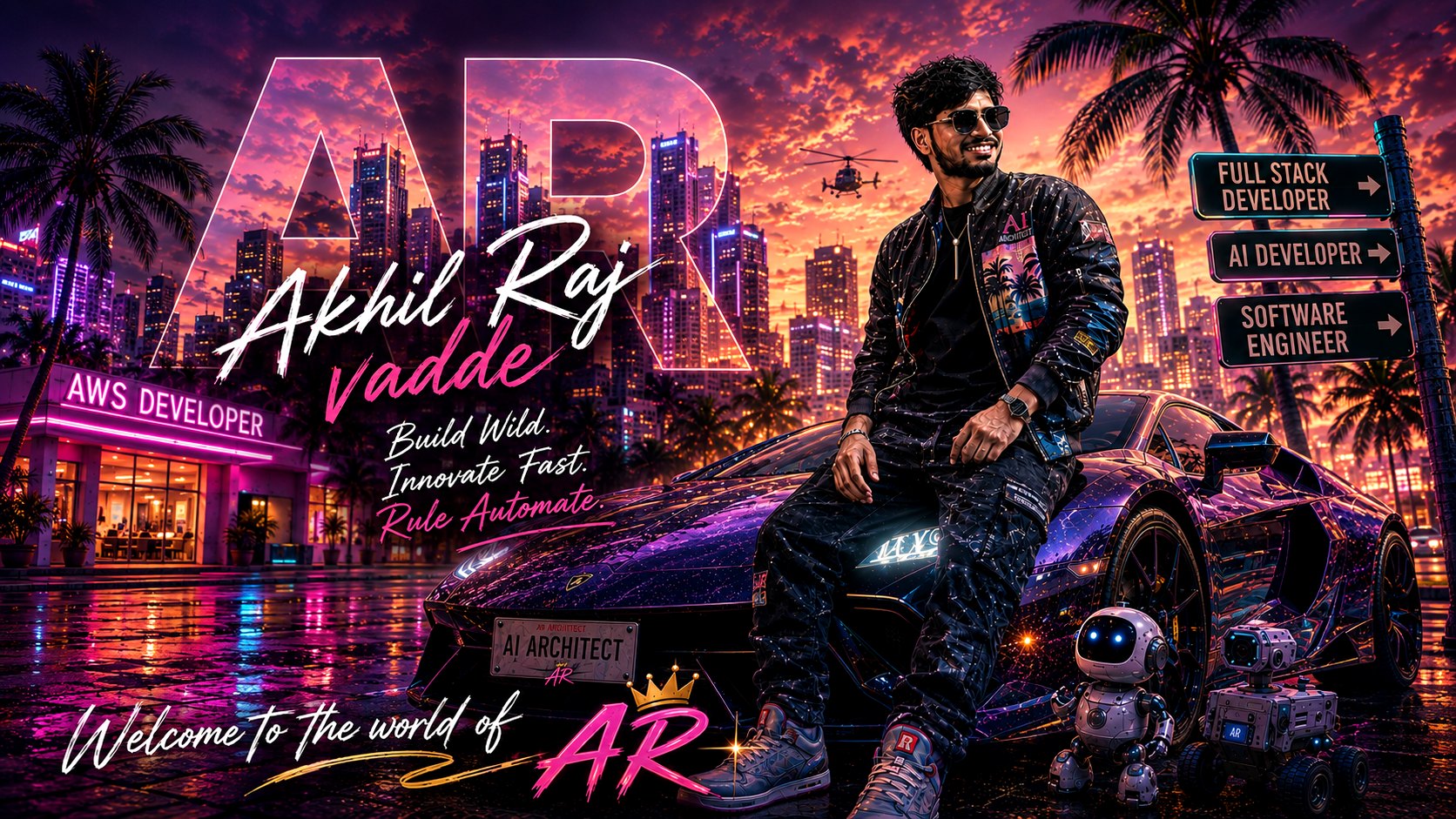 Cyberpunk key art of Akhil Raj Vadde titled Welcome to the world of AR — wide crop