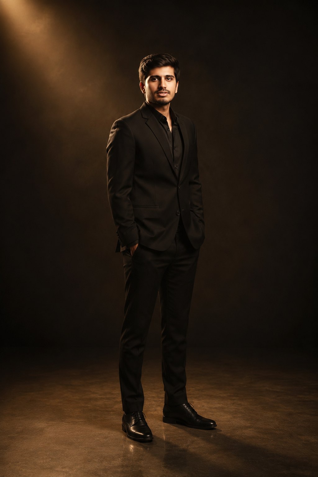 Full-length studio portrait of Akhil Raj Vadde in a black suit