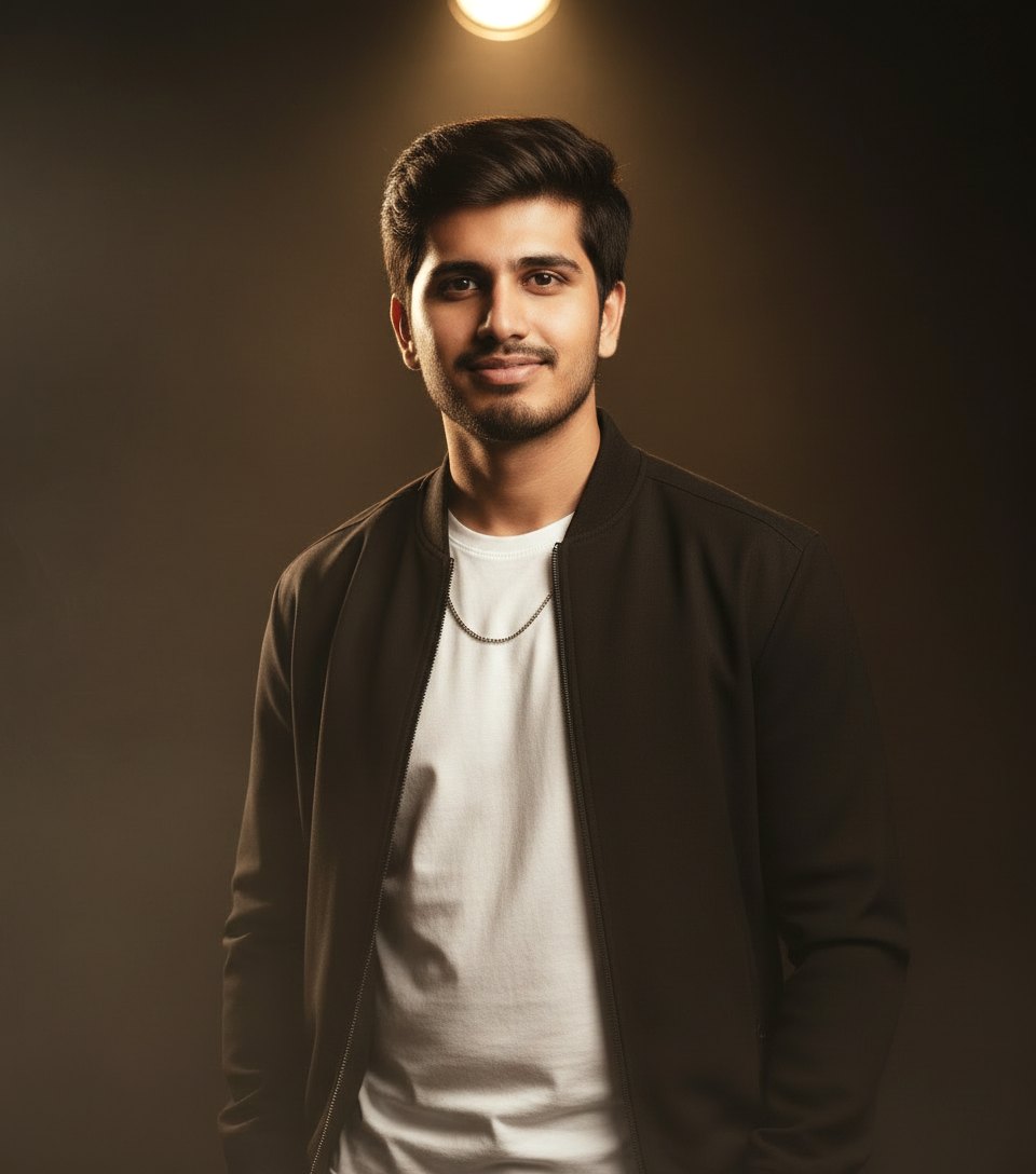 Portrait of Akhil Raj lit by warm studio light against a dark background